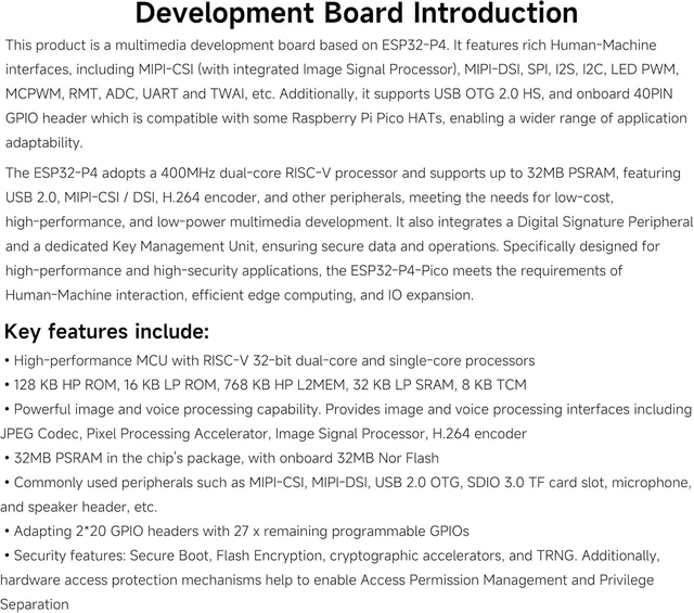 Alt view image 4 of 7 - ESP32-P4-Pico Development Board, Based On ESP32-P4, RISC-V Dual-Core and Single-Core Processors, Rich Human-Machine Interfaces, MIPI-CSI, MIPI-DSI, GPIO Header Compatible with Raspberry Pi Pico Hats