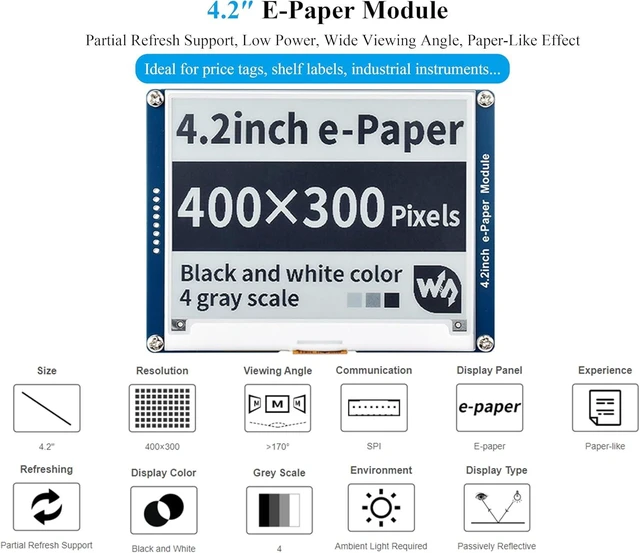 Alt view image 2 of 7 - 4.2inch e-Paper Module E-Ink Display Compatible with Raspberry Pi 5/4B/3B+/Zero/Zero W/Zero 2W/Pico/Pico W/Pico 2/Pico 2W, 400x300 Pixels, Black/White Color SPI Interface, Support Partial Refresh