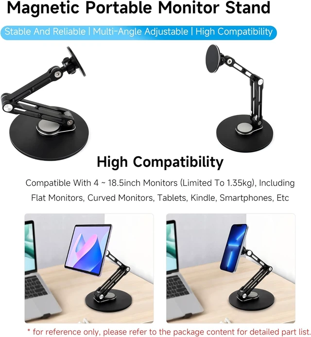 Alt view image 2 of 7 - Adjustable Portable Magnetic Monitor Stand,Compatible With 4~18.5inch Monitors, Supports Multi-axis 360 Degree Rotation, Comes With Magnetic Metal Rings, Foldable for Easy Storage