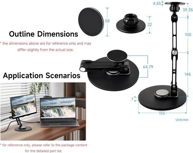 Alt view image 7 of 7 - Adjustable Portable Magnetic Monitor Stand,Compatible With 4~18.5inch Monitors, Supports Multi-axis 360 Degree Rotation, Comes With Magnetic Metal Rings, Foldable for Easy Storage