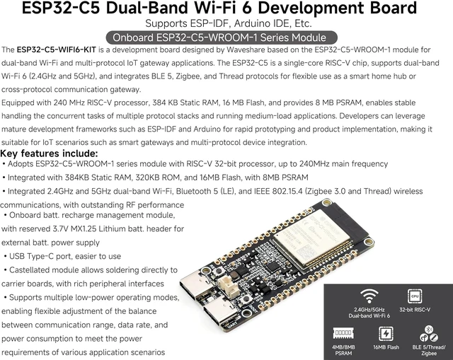 Alt view image 2 of 7 - ESP32-C5 5GHz/2.4GHz Dual-Band Wi-Fi 6 Development Board, ESP32-C5-WROOM-1 Module, Support WiFi/BLE 5/ Zigbee/Thread/Wireless Communications, 240MHz RISC-V Processor, 16MB Flash+8MB PSRAM