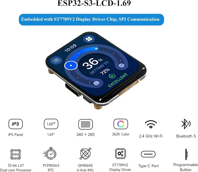 Alt view image 2 of 7 - ESP32-S3 Development Board with 1.69inch LCD IPS Display 240×280 Pixels 262K Color,USB Type-C Embedded ST7789V2 Display Driver, Accelerometer and Gyroscope Sensor, Support 2.4GHz W-i-F-i/Blue-too-th 5