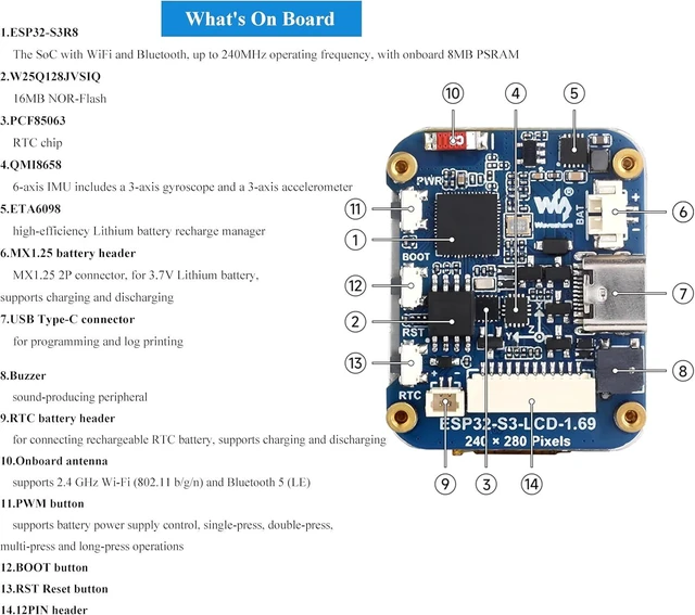 Alt view image 7 of 7 - ESP32-S3 Development Board with 1.69inch LCD IPS Display 240×280 Pixels 262K Color,USB Type-C Embedded ST7789V2 Display Driver, Accelerometer and Gyroscope Sensor, Support 2.4GHz W-i-F-i/Blue-too-th 5