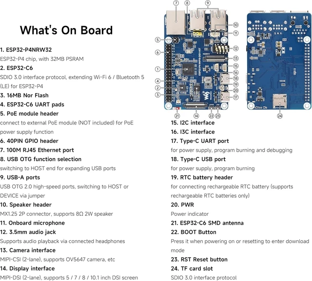 Alt view image 4 of 7 - ESP32-P4-WIFI6-DEV-KIT Dev Board, Based On ESP32-P4 and ESP32-C6, Supports Wi-Fi 6 and Bluetooth 5 / BLE 5, Rich Human-Machine Interfaces, Supports AI Speech Interaction, Comes with Speaker