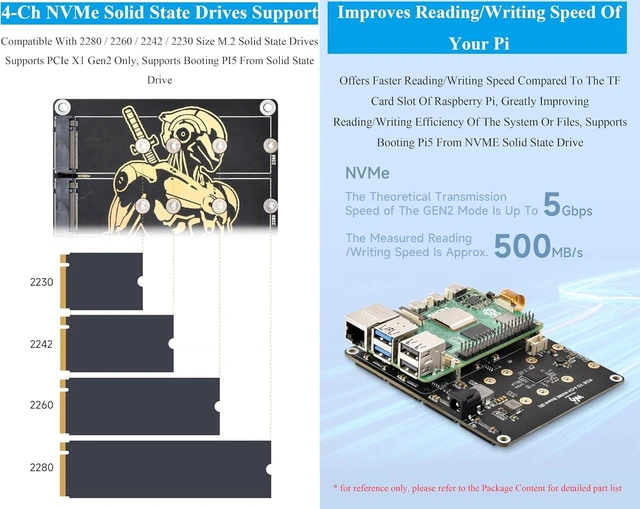 Alt view image 4 of 7 - PCIe to 4-CH M.2 M Key Adapter Board Compatible with Raspberry Pi 5, Support 4-CH NVMe Solid State Drives-2280/2260/2242/2230, Allow Powering Pi 5, Onboard LED Indicators, High-Speed Reading/Writing