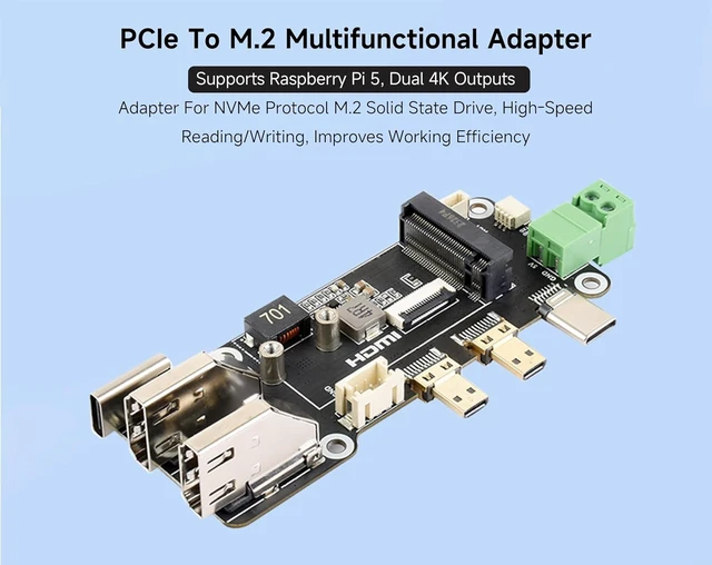 Alt view image 2 of 7 - Micro HDMI to HDMI Adapter with PCIe to M.2 NVMe 2230/2242, Compatible with Raspberry Pi 5,Two Power Supply Methods, Dual 4K Outputs, Easy to Connect HDMI Screens, High-Speed Reading/Writing