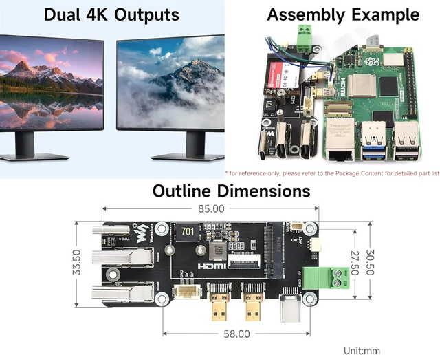 Alt view image 6 of 7 - Micro HDMI to HDMI Adapter with PCIe to M.2 NVMe 2230/2242, Compatible with Raspberry Pi 5,Two Power Supply Methods, Dual 4K Outputs, Easy to Connect HDMI Screens, High-Speed Reading/Writing