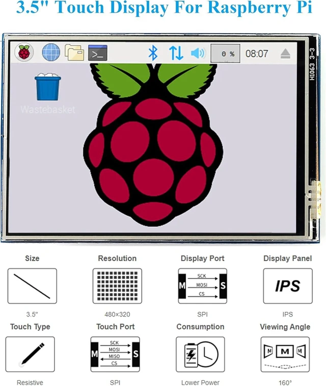 Alt view image 2 of 7 - 3.5inch Touch Screen Compatible with Raspberry Pi 5/Pi 4B/3B+/3B/Zero/Pi Zero 2W/Zero W/Zero WH/CM5/CM4, 480x320 IPS Display, 160° Viewing Angle, SPI Touch Port