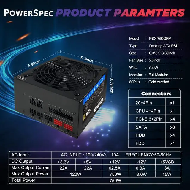 Alt view image 2 of 7 - PowerSpec 750 Watt 80 Plus Gold Fully Modular ATX Power Supply Active PFC SLI Crossfire Ready Gaming PC PSU Computer Switching Power Supply, PS 750GFM