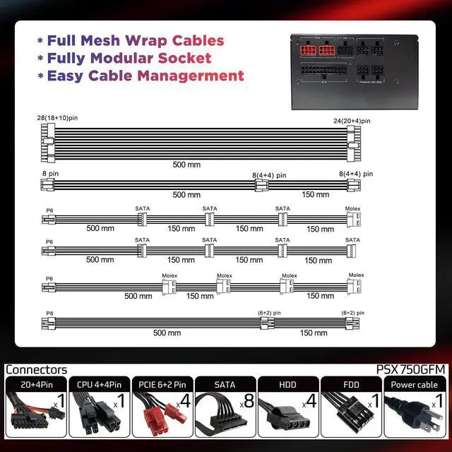 Alt view image 7 of 7 - PowerSpec 750 Watt 80 Plus Gold Fully Modular ATX Power Supply Active PFC SLI Crossfire Ready Gaming PC PSU Computer Switching Power Supply, PS 750GFM