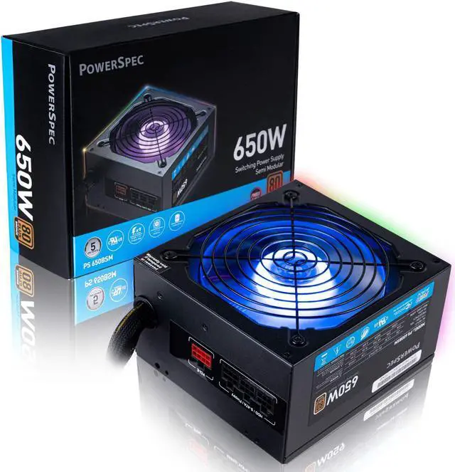 Main image of PowerSpec 650 Watt 80 Plus Bronze Semi Modular ATX Power Supply with RGB Lighting Fan Active PFC SLI Crossfire Ready Gaming PC PSU Computer Switching Power Supply, PS 650BSM RGB
