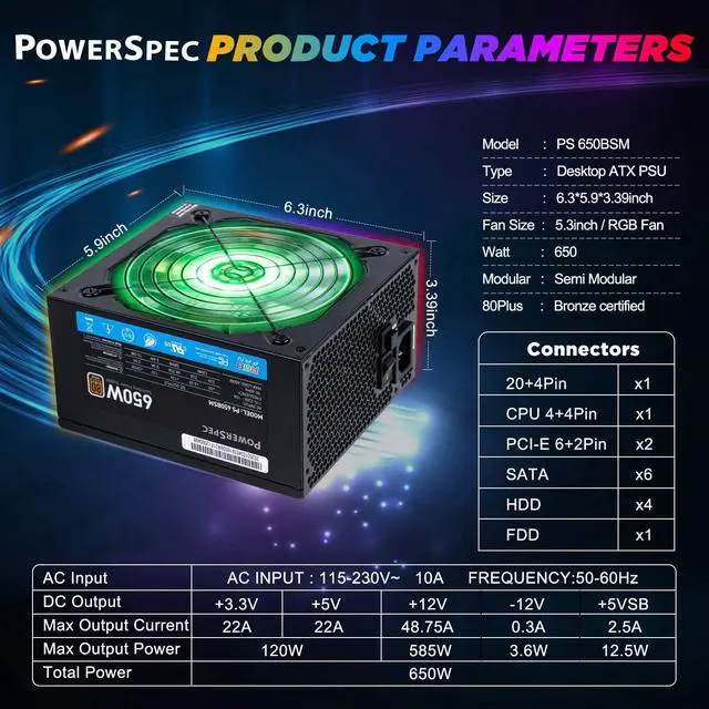 Alt view image 2 of 7 - PowerSpec 650 Watt 80 Plus Bronze Semi Modular ATX Power Supply with RGB Lighting Fan Active PFC SLI Crossfire Ready Gaming PC PSU Computer Switching Power Supply, PS 650BSM RGB
