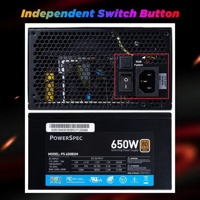 Alt view image 5 of 7 - PowerSpec 650 Watt 80 Plus Bronze Semi Modular ATX Power Supply with RGB Lighting Fan Active PFC SLI Crossfire Ready Gaming PC PSU Computer Switching Power Supply, PS 650BSM RGB
