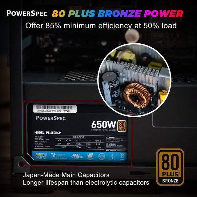 Alt view image 7 of 7 - PowerSpec 650 Watt 80 Plus Bronze Semi Modular ATX Power Supply with RGB Lighting Fan Active PFC SLI Crossfire Ready Gaming PC PSU Computer Switching Power Supply, PS 650BSM RGB