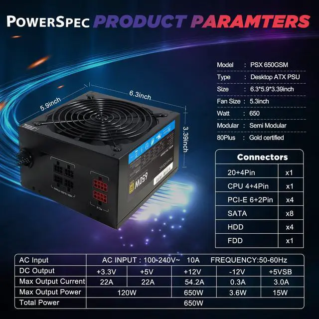 Alt view image 2 of 7 - PowerSpec 650 Watt 80 Plus Gold Semi Modular ATX Power Supply Active PFC SLI Crossfire Ready Gaming PC PSU Computer Switching Power Supply, PS 650GSM