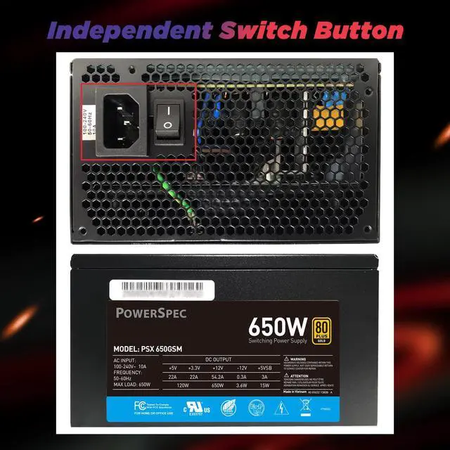 Alt view image 6 of 7 - PowerSpec 650 Watt 80 Plus Gold Semi Modular ATX Power Supply Active PFC SLI Crossfire Ready Gaming PC PSU Computer Switching Power Supply, PS 650GSM