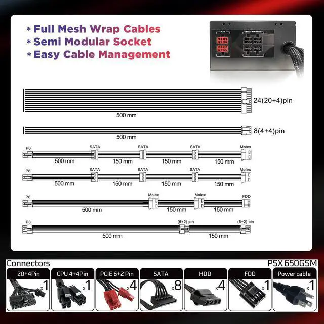 Alt view image 7 of 7 - PowerSpec 650 Watt 80 Plus Gold Semi Modular ATX Power Supply Active PFC SLI Crossfire Ready Gaming PC PSU Computer Switching Power Supply, PS 650GSM