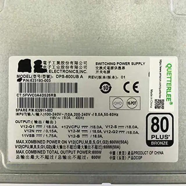 Alt view image 4 of 6 - QUETTERLEE Replacement New 600W Power Supply for HP Z420 Workstation Series Compatible Part Number 623193-003 632911-003 623193-001 632911-001 DPS-600UB A
