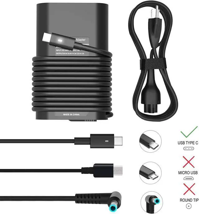 Alt view image 2 of 7 - 65W 45W USB Type C Laptop Charger for Dell Latitude 7420 7370 7275 5285 5179 7390 5290 2-in-1 XPS 13 9360 9365 9370 9380 LA65NM170,02YKOF 0M1WCF AC Adapter Power Supply