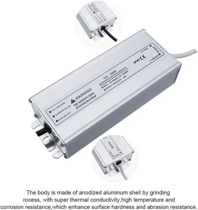 Alt view image 2 of 7 - inShareplus LED Power Supply, 12V 100W IP67 Waterproof Outdoor Driver, AC 90-265V to DC 12V 8.5A Low Voltage Transformer, Adapter with 3-Prong Plug for LED Light, Computer Project, Outdoor Use