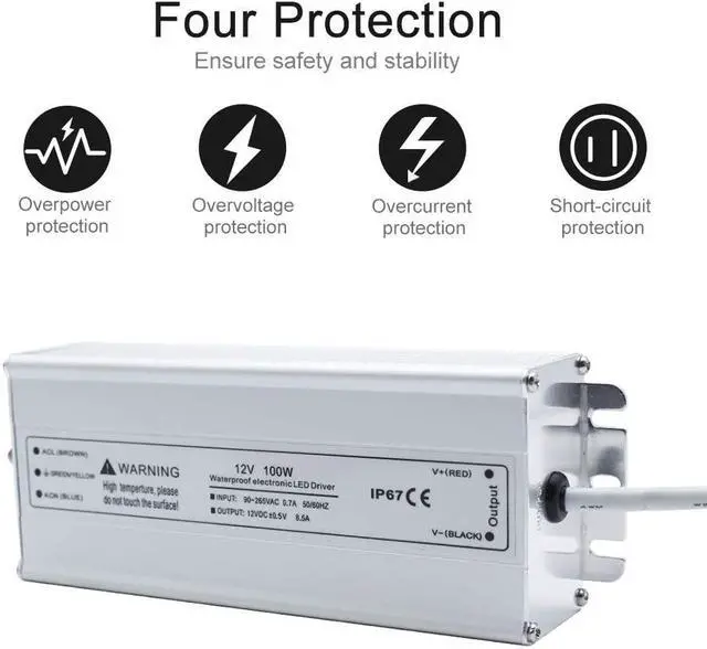 Alt view image 3 of 7 - inShareplus LED Power Supply, 12V 100W IP67 Waterproof Outdoor Driver, AC 90-265V to DC 12V 8.5A Low Voltage Transformer, Adapter with 3-Prong Plug for LED Light, Computer Project, Outdoor Use
