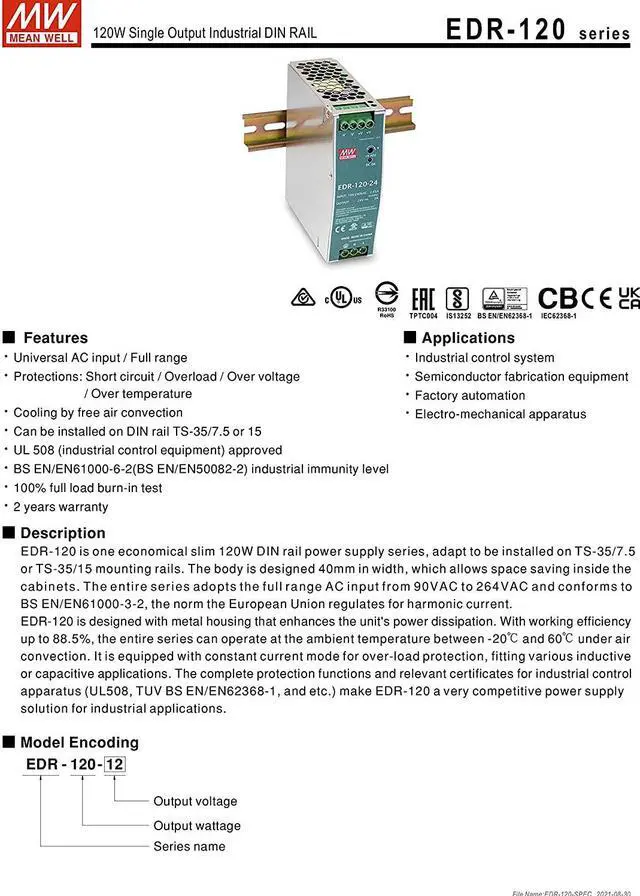 Alt view image 2 of 3 - Mean Well EDR-120-24 Single Output DIN Rail Power Supply, Industrial DIN Rail Power Supply DC24V 5A 120W