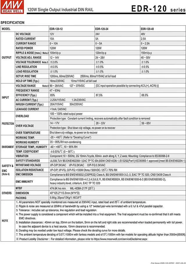 Alt view image 3 of 3 - Mean Well EDR-120-24 Single Output DIN Rail Power Supply, Industrial DIN Rail Power Supply DC24V 5A 120W