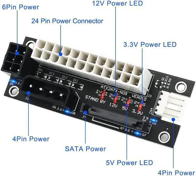 Alt view image 5 of 6 - ADD2PSU Power Supply Connector 4 in 1 Molex 4Pin/SATA/ATX 6Pin/4Pin Dual PSU Multiple Power Supply Adapter, Synchronous Power Board, Add 2PSU with Power LED (Black)