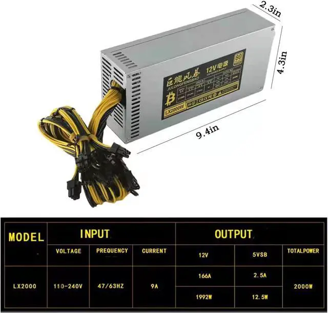 Alt view image 2 of 7 - Mining Power Supply 2000W Support 8 GPU Cards for Power Supply PSU (110V-240V), Suitable for BTC ETH ETC ZEC ZCASH DGB XMR Miners (with Power Cord for Power Supply)