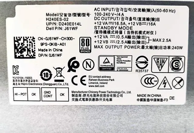Alt view image 3 of 5 - New 240W Power Supply for Dell Optiplex 3050 5050 7050 Mini Tower L240ES-00 H240ES-02 HU240AS-02 H240NM-00 H240NM-02 HU240AS-00 P/N:J61WF DK87P F484X DW3M7 HT04K
