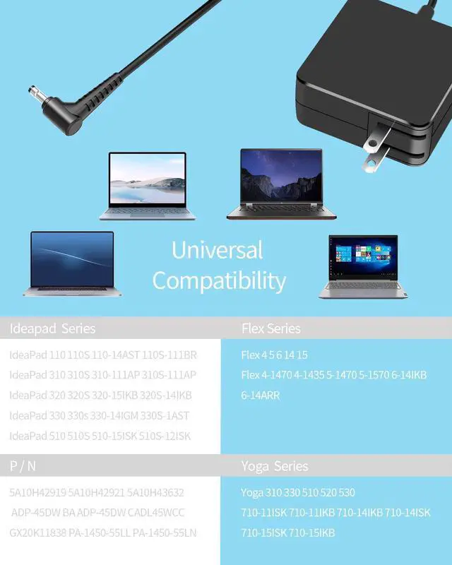 Alt view image 6 of 6 - IdeaPad Laptop Charger 65W 45W Replacement for Lenovo IdeaPad Yoga Flex; Ideapad 3 3-14 3-15 3-17, 310 320 330 340 Series 15ABR 15IKB 15IAP 15ARR 14IKB AC Adapter Power Supply Cord