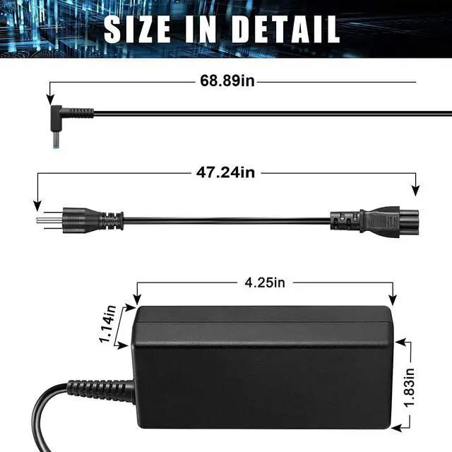 Alt view image 3 of 7 - 65W 45W Laptop Charger AC Power Adapter For HP Pavilion x360 11 12 15, Envy 13 15 17, Zbook 14u G5 15u, Elitebook G3 850 840 820 745 755 G4 840 820 850 19.5V 3.33A ANTWELON Power Supply 4.5mm Blue Tip