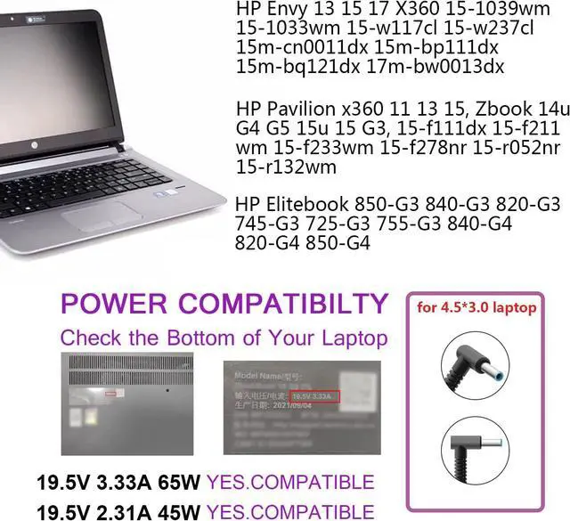 Alt view image 5 of 7 - 65W 45W Laptop Charger AC Power Adapter For HP Pavilion x360 11 12 15, Envy 13 15 17, Zbook 14u G5 15u, Elitebook G3 850 840 820 745 755 G4 840 820 850 19.5V 3.33A ANTWELON Power Supply 4.5mm Blue Tip