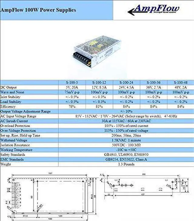 Alt view image 2 of 2 - AmpFlow S-100-5 100W, 20A, 5V DC Power Supply