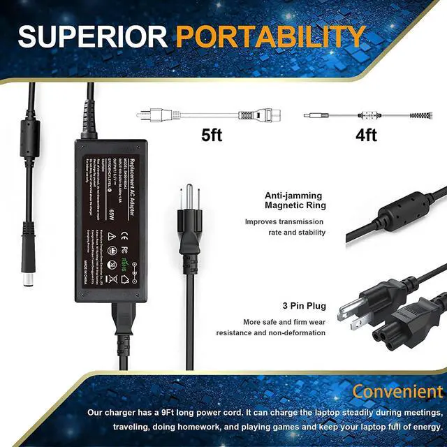 Alt view image 2 of 7 - 65W AC Adapter Laptop Charger for HP Pavilion DV6 DV7 Dv6-6117dx Dv6-1030us Elitebook 840 G1 G2 810 G1 G2 850 Probook 640 650 450 G1 HP Notebook 2000 2000-2d60dx 2000-2d19wm 2000-369wm Power Cord Plug