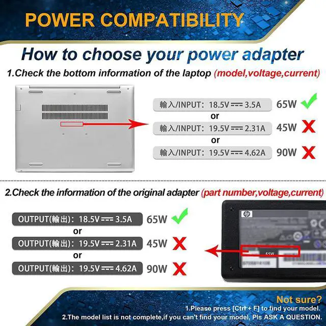 Alt view image 4 of 7 - 65W AC Adapter Laptop Charger for HP Pavilion DV6 DV7 Dv6-6117dx Dv6-1030us Elitebook 840 G1 G2 810 G1 G2 850 Probook 640 650 450 G1 HP Notebook 2000 2000-2d60dx 2000-2d19wm 2000-369wm Power Cord Plug