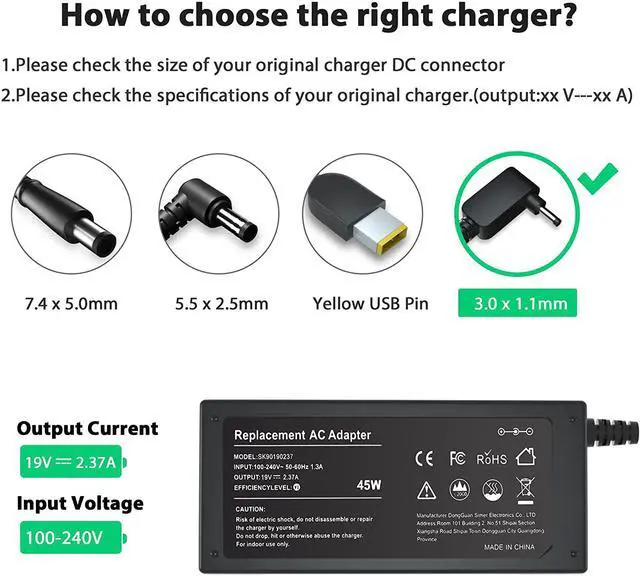 Alt view image 2 of 7 - 19V 2.37A 45W AC Adapter Laptop Charger for Acer Aspire 5 A515-44 A515-46 A515-54 A515-54G A515-55 A515-56 A517-52; Acer Chromebook R11 Series PA-1450-26 Power Cord