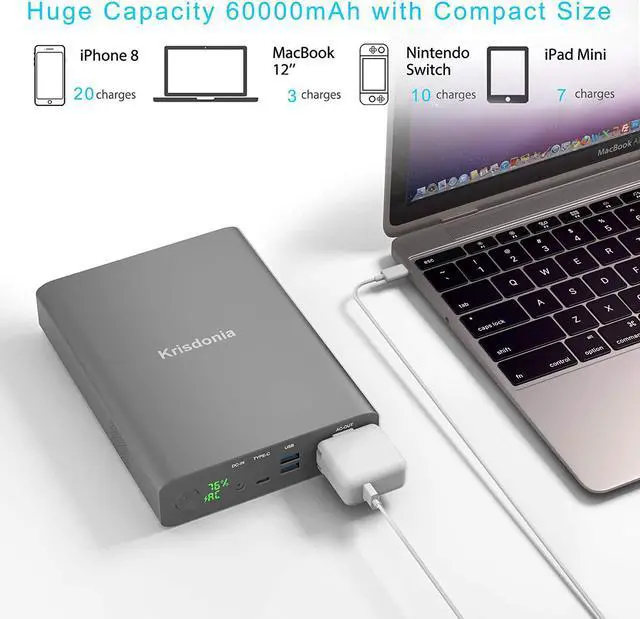 Alt view image 4 of 7 - Krisdonia Portable Power Station 130W AC Power Bank 60000mAh Lithuim Polymer Battery Backup Power Supply for Outdoors Camping Travel Hunting Emergency