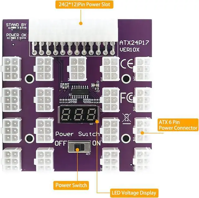 Alt view image 6 of 7 - Kingjinglo PCI-E 12V 24Pin to ATX 17 x 6Pin Power Supply Server Adapter Breakout Board for DELL 750W 1100W 1600W 2000W 2400W PSU ATX Riser Server Adapter