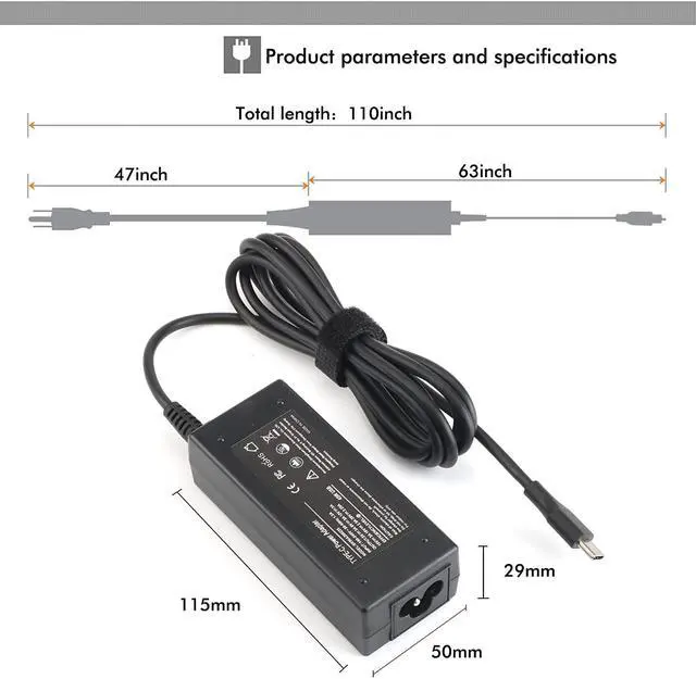 Alt view image 6 of 7 - 45W Type C USB C Laptop Charger AC Adapter fit for Acer Chromebook Spin 11 13 R 13 R13 14 15 311 314 511 512 N16Q12 N18Q1 N15Q13 PA-1450-78 CB311-8H Power Supply Cord