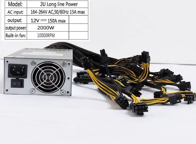 Alt view image 2 of 4 - Mining Rig Power Supply 2000W 2U, Pure 12V Output Power Supply 6pin Single Channel 170V-264V ETH Miner GPU Mining PSU