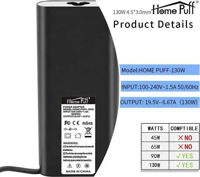 Alt view image 2 of 6 - 130W Laptop Charger Fit for Dell XPS 15 7590 9560 9530 9550 9570 Precision 5520 5510 5400 M3800 M2800 AC Adapter Power