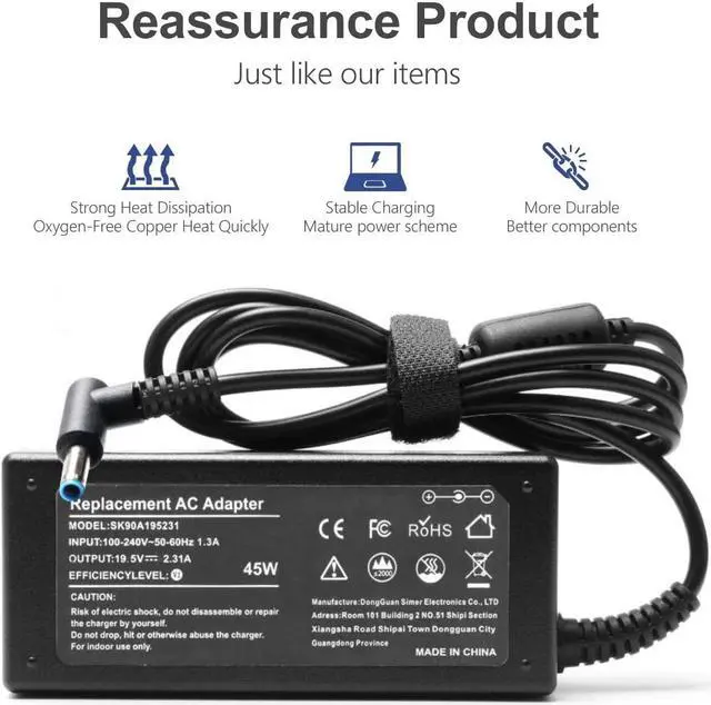 Alt view image 3 of 7 - 45W 19.5V 2.31A AC Laptop Power Adapter Charger for HP Stream 11 13 14 Series, HP Envy, Elitebook Folio, Spectre Ultrabook, HP Pavilion Laptop Charger Cord (4.5mm * 3mm)