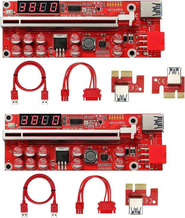 Main image of MZHOU 2PACK PCI-E GPU Riser Card for Bitcoin Ethereum ETH Mining 1x to 16x Graphics Risers Card with 10 Solid Capacitors/Temperature Probe/RGB LED Light/60cm USB 3.0 Cable(Red VER013 Pro)