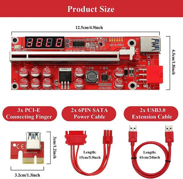 Alt view image 7 of 7 - MZHOU 2PACK PCI-E GPU Riser Card for Bitcoin Ethereum ETH Mining 1x to 16x Graphics Risers Card with 10 Solid Capacitors/Temperature Probe/RGB LED Light/60cm USB 3.0 Cable(Red VER013 Pro)