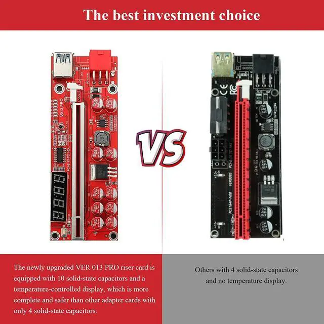 Alt view image 6 of 7 - MZHOU 2PACK PCI-E GPU Riser Card for Bitcoin Ethereum ETH Mining 1x to 16x Graphics Risers Card with 10 Solid Capacitors/Temperature Probe/RGB LED Light/60cm USB 3.0 Cable(Red VER013 Pro)