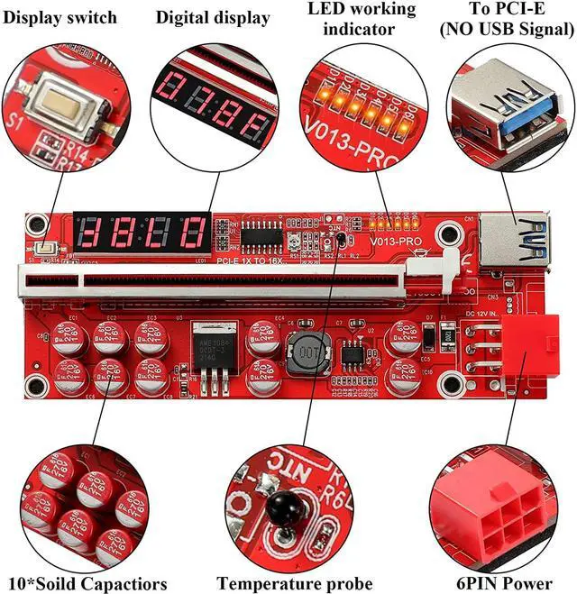 Alt view image 3 of 7 - MZHOU 2PACK PCI-E GPU Riser Card for Bitcoin Ethereum ETH Mining 1x to 16x Graphics Risers Card with 10 Solid Capacitors/Temperature Probe/RGB LED Light/60cm USB 3.0 Cable(Red VER013 Pro)
