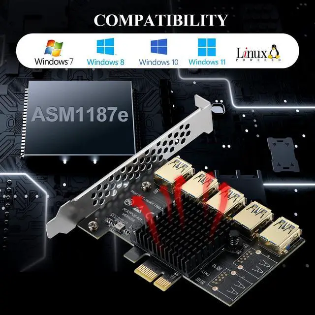 Alt view image 6 of 7 - MZHOU PCI-E 1 to 5 USB Slots Riser Card - Higher Stability USB 3.0 Adapter Multiplier Card for Bitcoin Mining Compatible with Windows Linux Mac