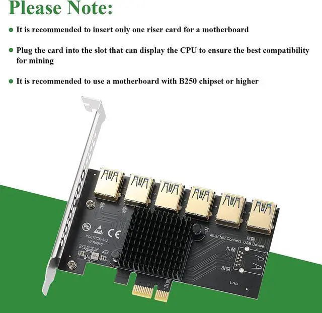 Alt view image 2 of 7 - MZHOU PCI-E 1 to 6 USB Slots Riser Card - Higher Stability USB 3.0 Adapter Multiplier Card for Bitcoin Mining Compatible with Windows Linux Mac