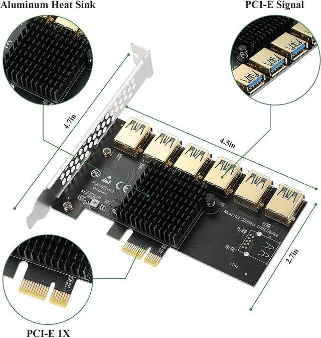 Alt view image 3 of 7 - MZHOU PCI-E 1 to 6 USB Slots Riser Card - Higher Stability USB 3.0 Adapter Multiplier Card for Bitcoin Mining Compatible with Windows Linux Mac